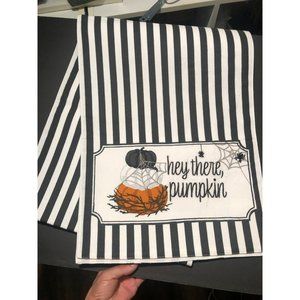 NWOT Embroidered Table Runner Black and White Striped with Pumpkins, Spiders and